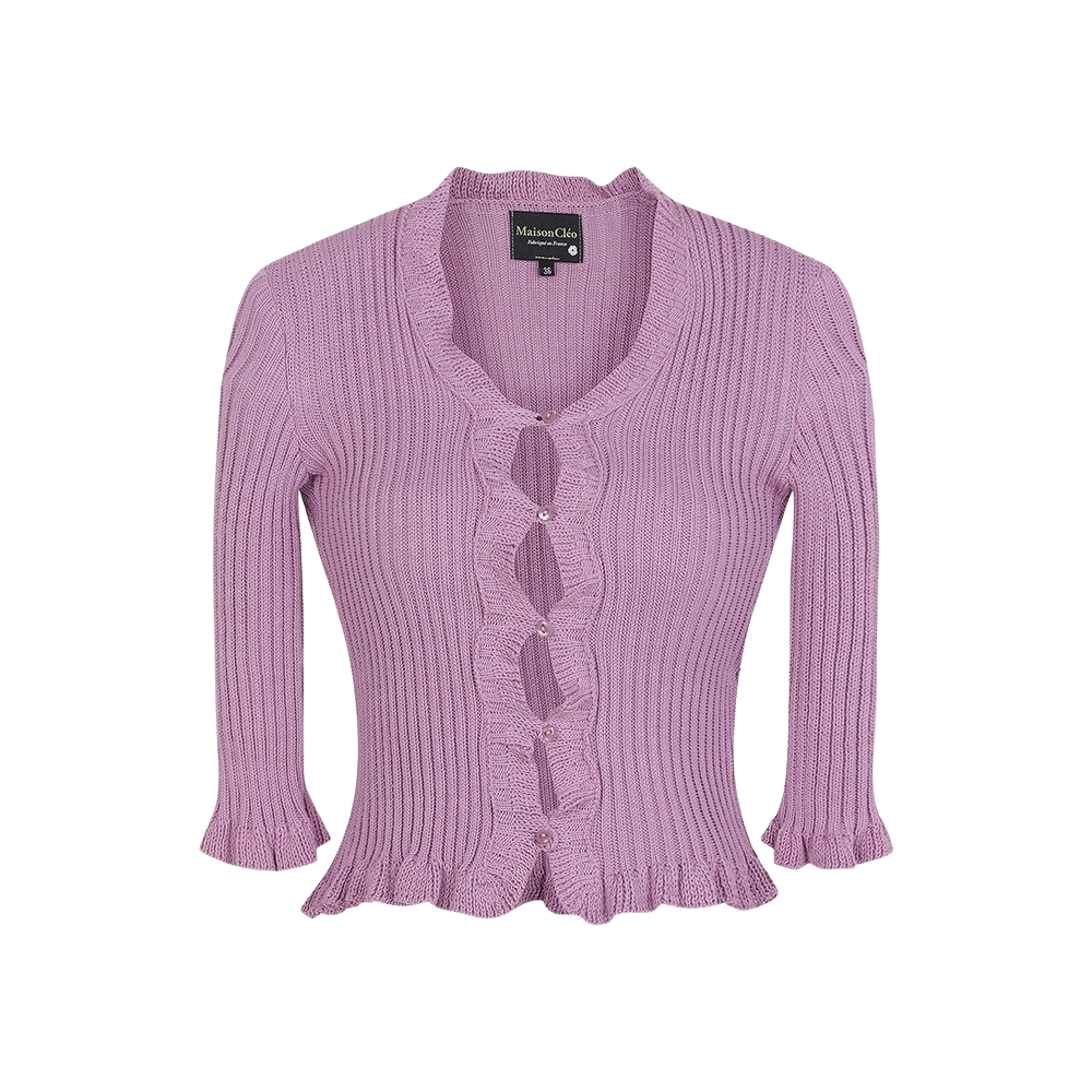 KW4BKNCMC14PK [KREAM 단독] Maison Cleo Women Lilac Organic Bamboo Knitted Mi-Long Sleeves Ruffled Cardigan Pink