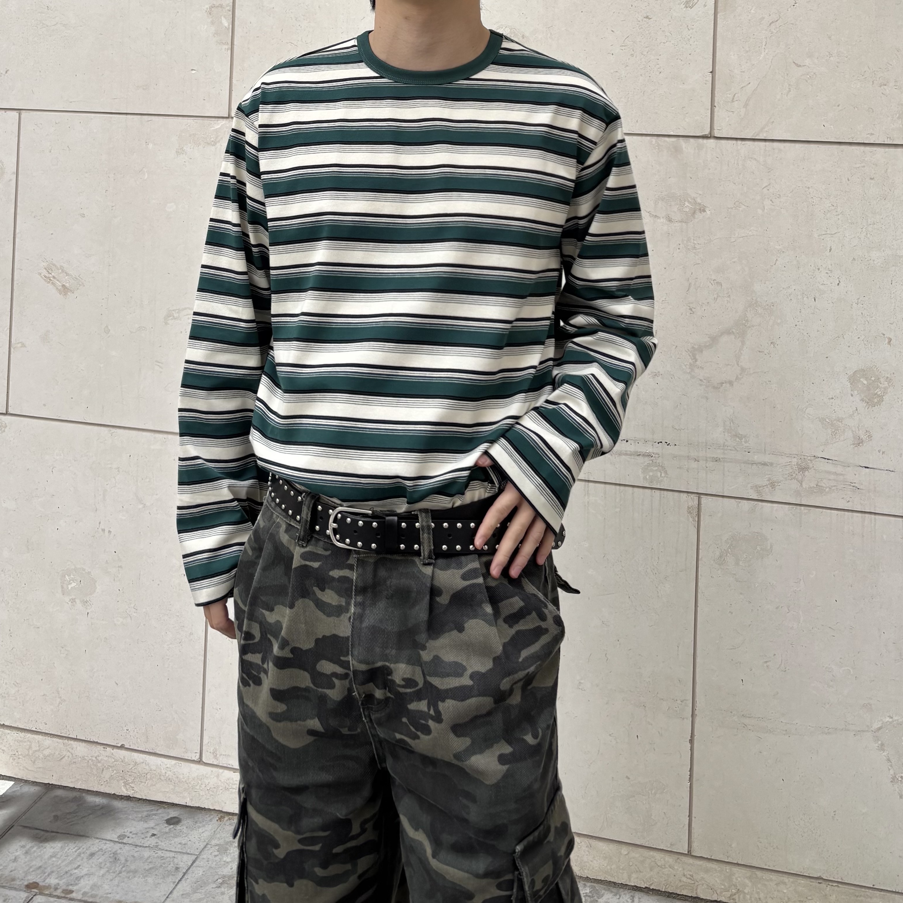 General Idea Unisex Multi Stripe Long Sleeve T Green, Balenciaga 3XL Sneakers Light Beige 착용 스타일 - 2