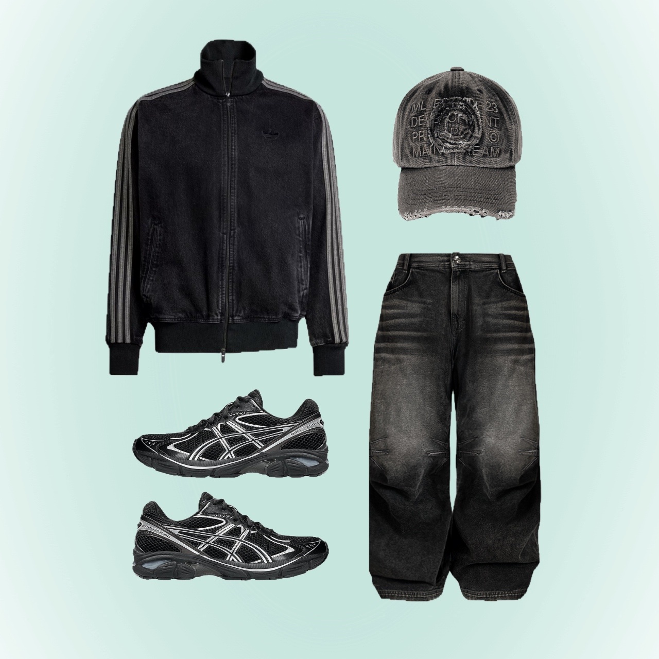 Adidas Adicolor Denim Firebird Track Top True Black Denim  - KR Sizing, BLR Embossed Wave Washing Wide Denim Pants Black 착용 스타일