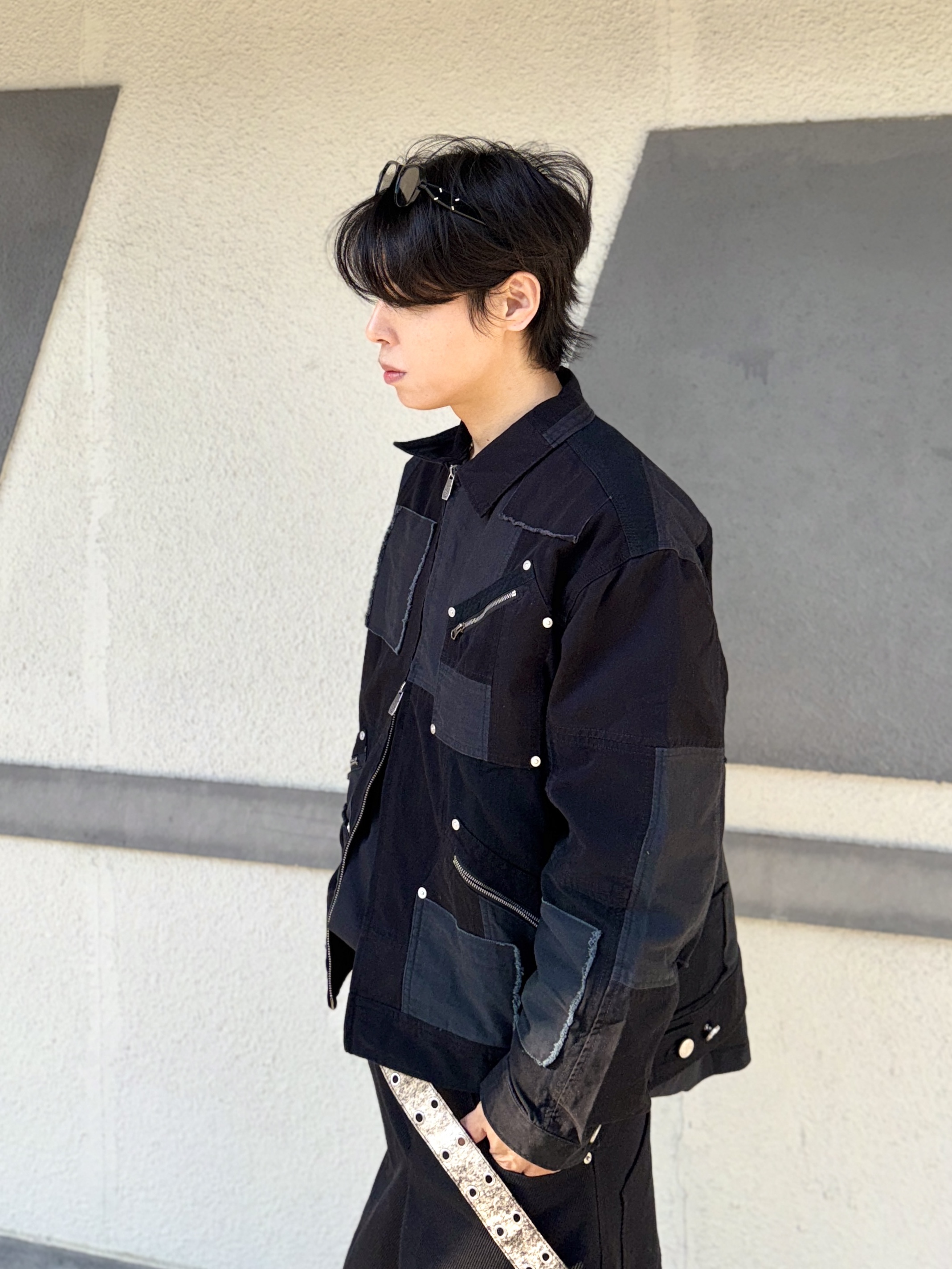 NOMANUAL Multi Panel Work Jacket Washed Black, Gentle Monster x Maison Margiela MM113 Black Clear 착용 스타일 - 3