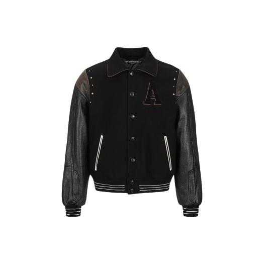 awa691m Black ADSB Andersson Bell A Patch Wool & Leather Varsity Jacket Black