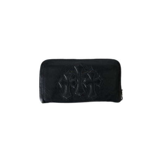 888821212121 Hansroom Chrome Hearts 3 Cross Round Zipper Leather Wallet Black