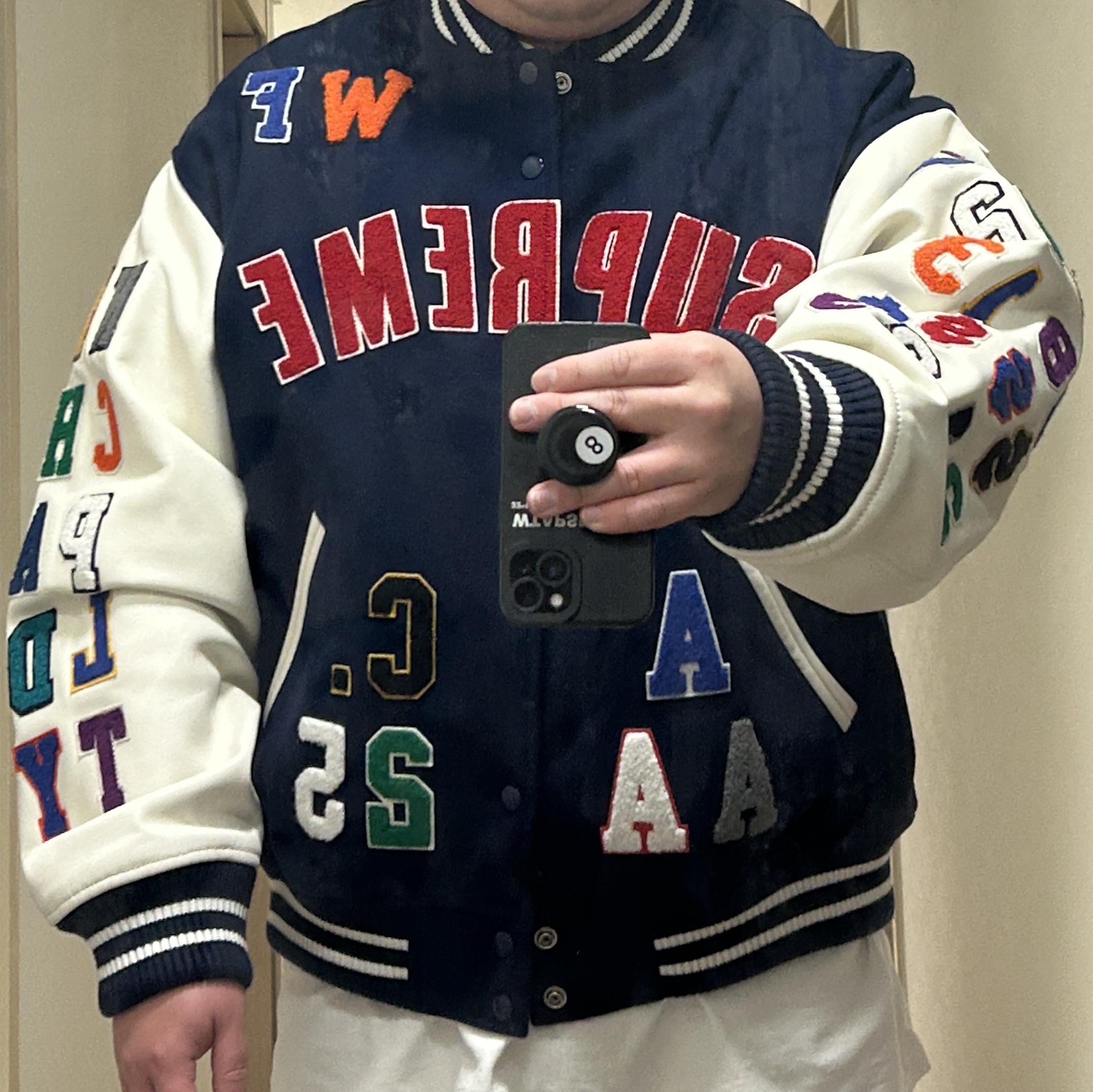 Supreme Praises Varsity Jacket Navy - 25SS 착용 스타일