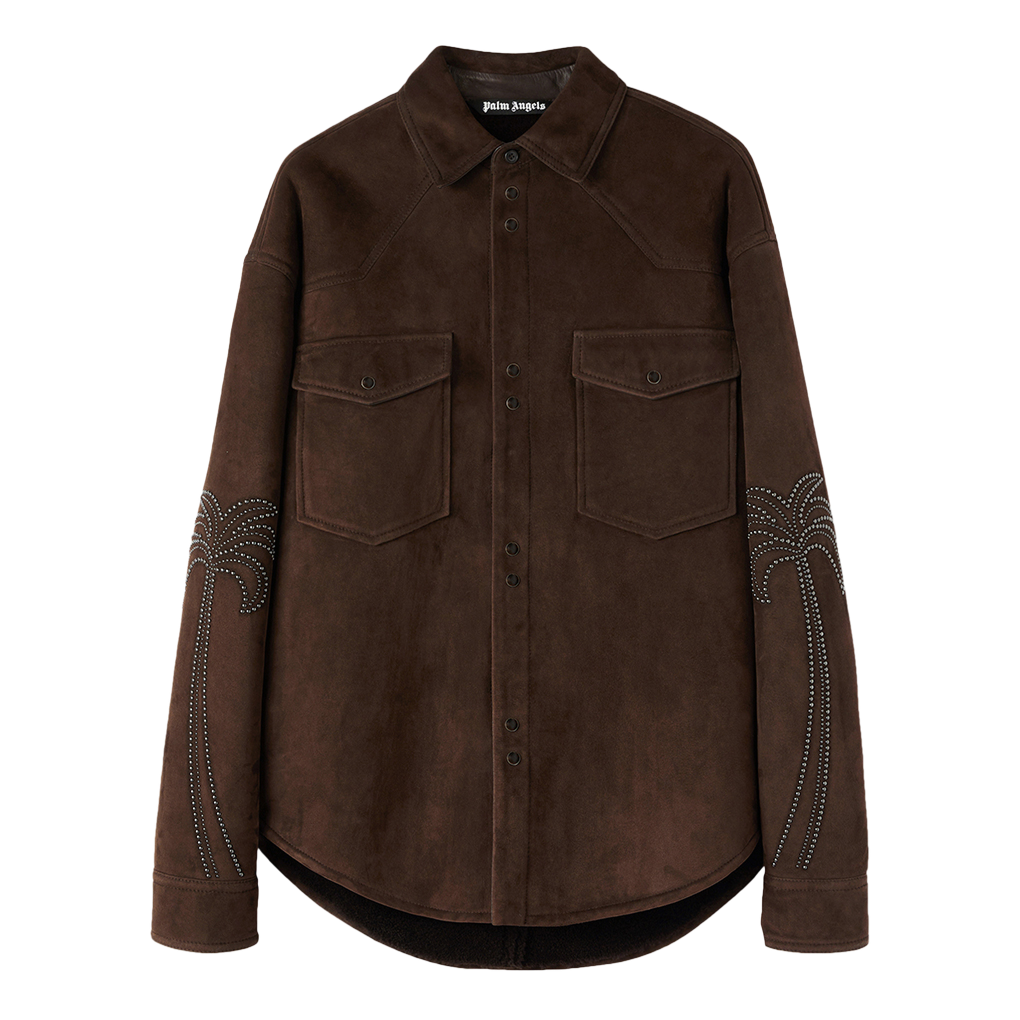 P4LMPA189 Palm Angels Palms Stud Leather Shirt Dark Brown