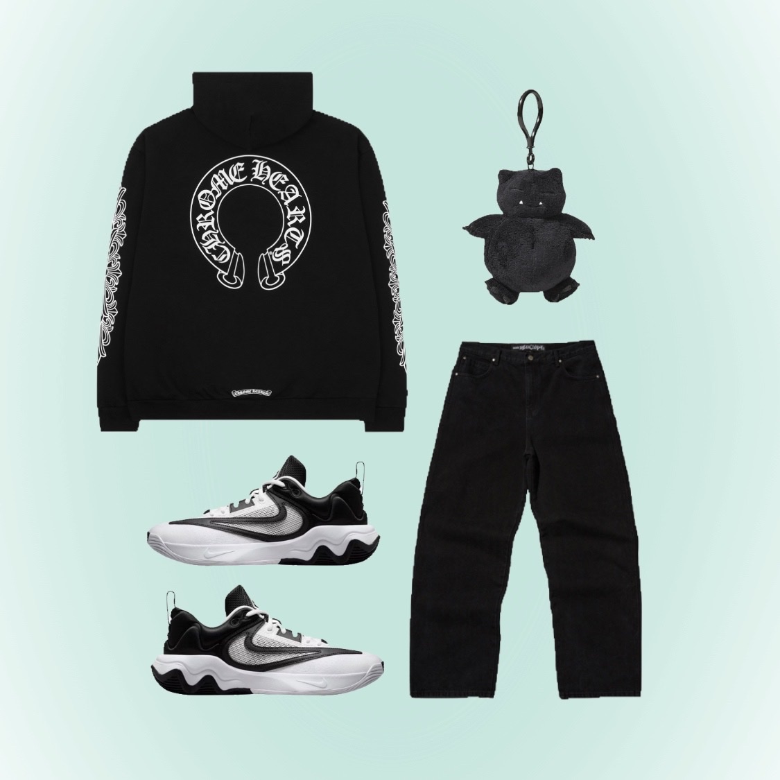 Chrome Hearts Horseshoe Floral Hoodie Black, Suade Baggy Denim Black 착용 스타일