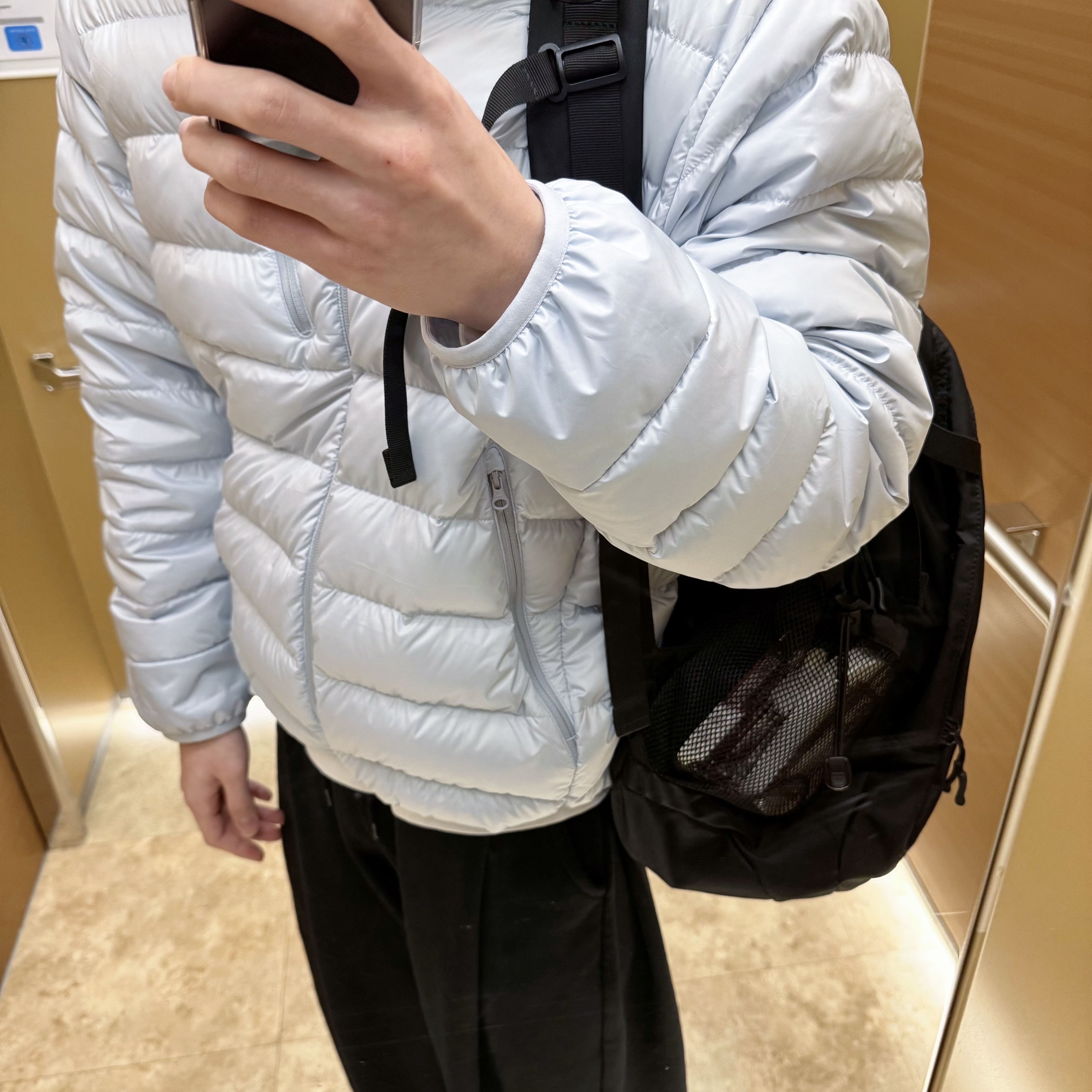 Musinsa Standard City Leisure Hooded Light Down Jacket Cloudy Blue 착용 스타일