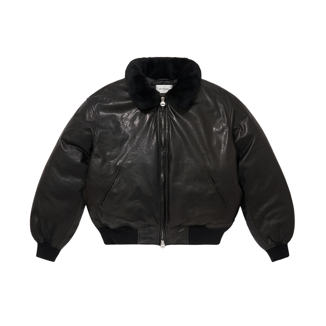 BR005LHB0001C01 BY RANG Shearling Collar Leather Goose Down Jacket  Black