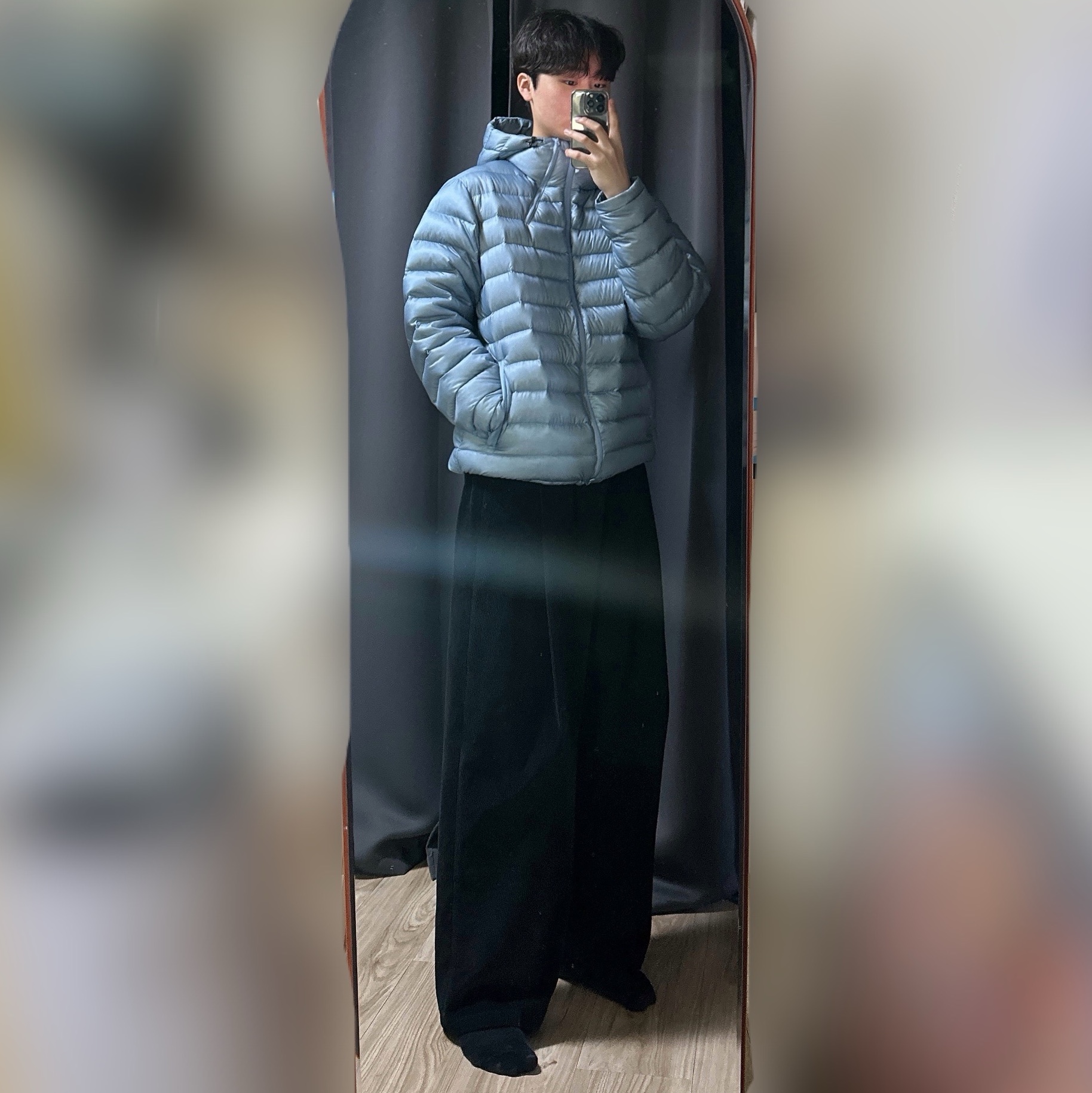 Sansan Gear Suffix Puffer Jacket Sky Blue - 24FW 착용 스타일