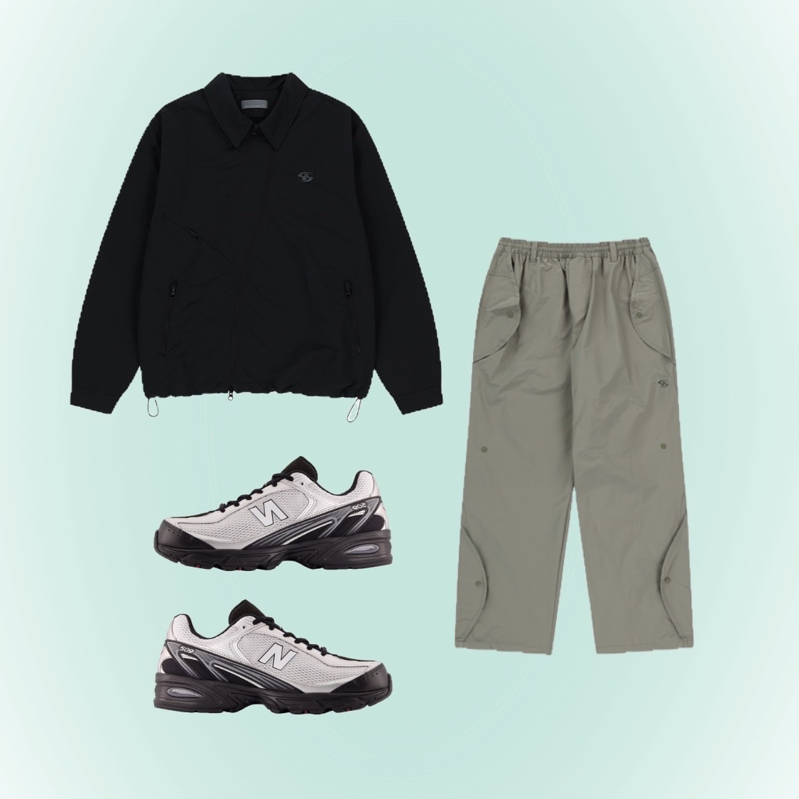 Sansan Gear Coach Jacket Black_25SS, Sansan Gear Wave Pants Green Grey_25SS 착용 스타일