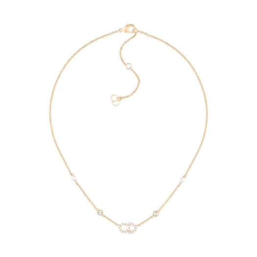 (W) Dior Clair D Lune Necklace Gold Finish Metal White Resin Pearls White Crystals