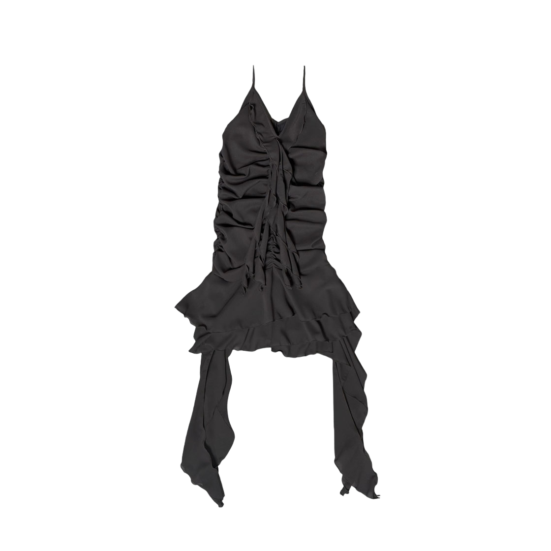 24SSOPS01-CHARCOAL Newalrin Bell Shirring Unbalanced Chiffon Dress Charcoal