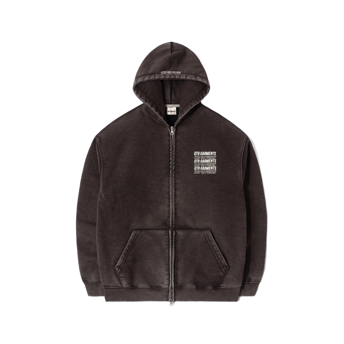 큐티에잇 가먼츠 슬로건 워시드 집업 후디 블랙