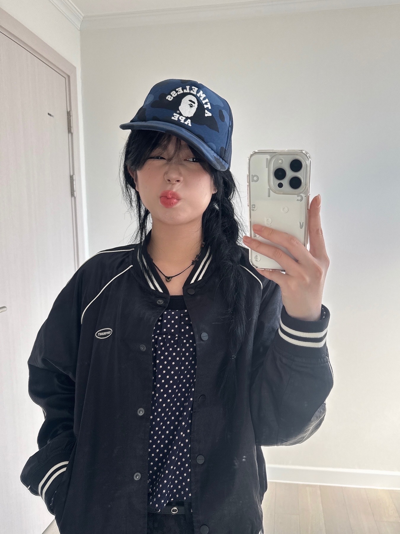 BAPE x JJJJound Color Camo College Mesh Cap Navy 착용 스타일 - 5