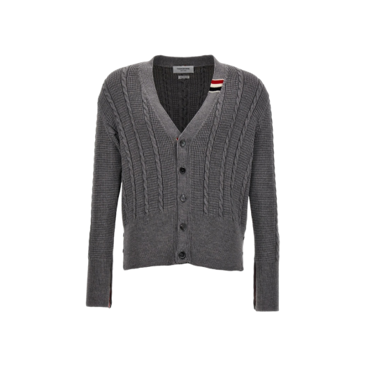 Thom Browne Wool Relaxed V-Neck Cable Cardigan Light Grey