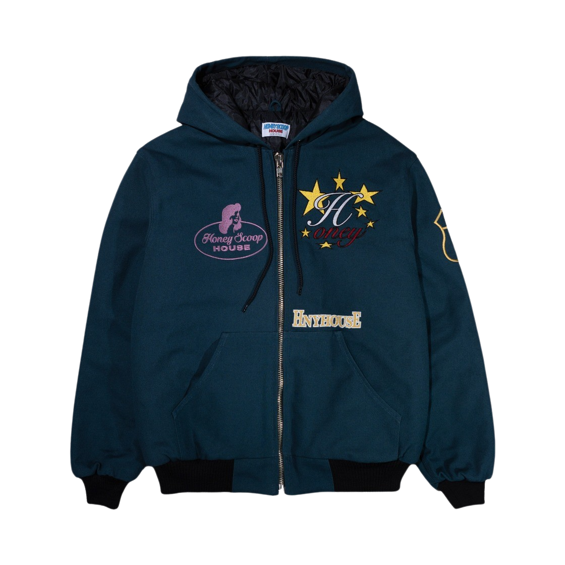 허니스쿱하우스 Emb 캔버스 후디드 워크 자켓 틸(Honey Scoop House Emb Canvas Hooded Work Jacket Teal)