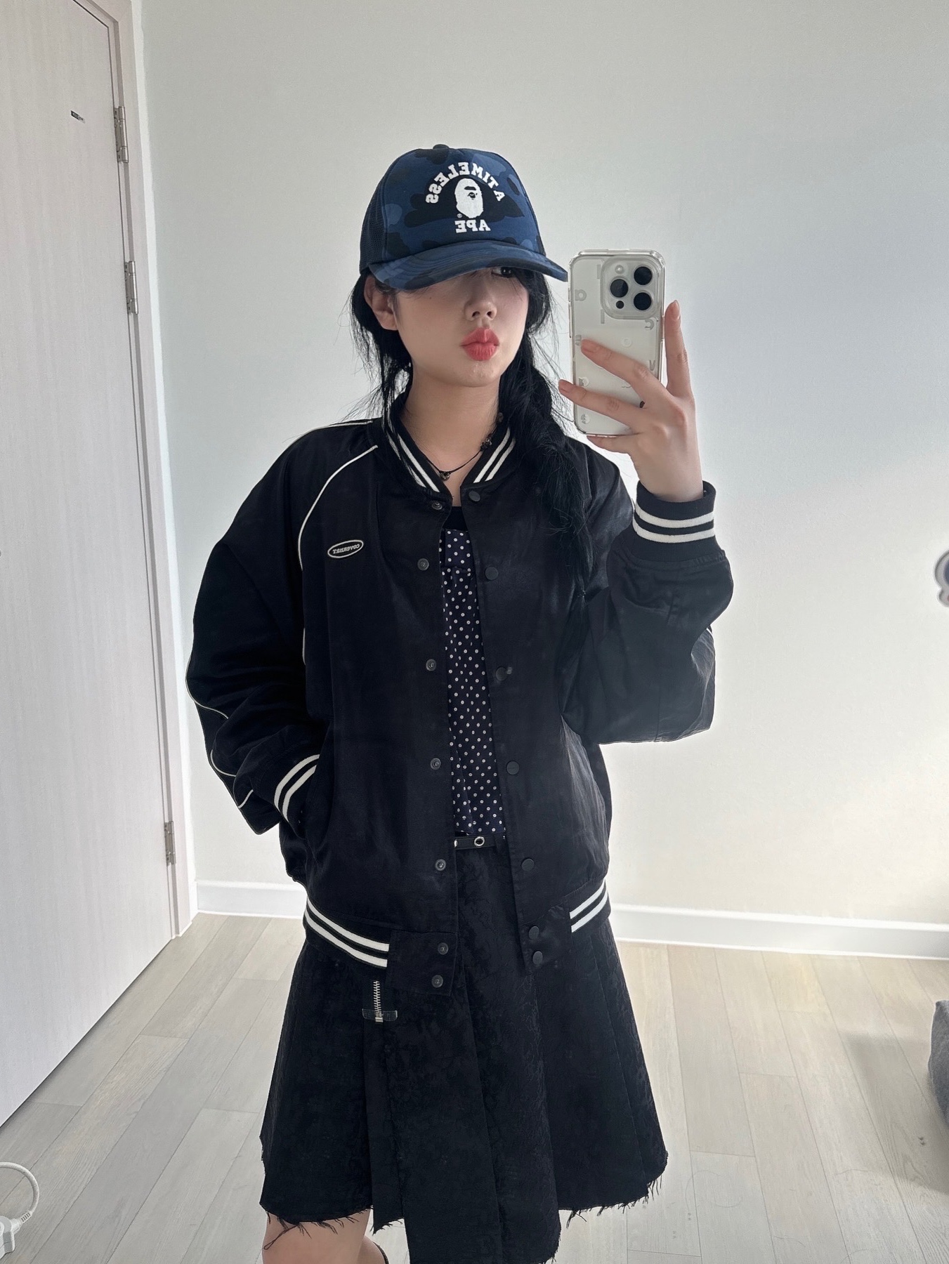 BAPE x JJJJound Color Camo College Mesh Cap Navy 착용 스타일 - 3