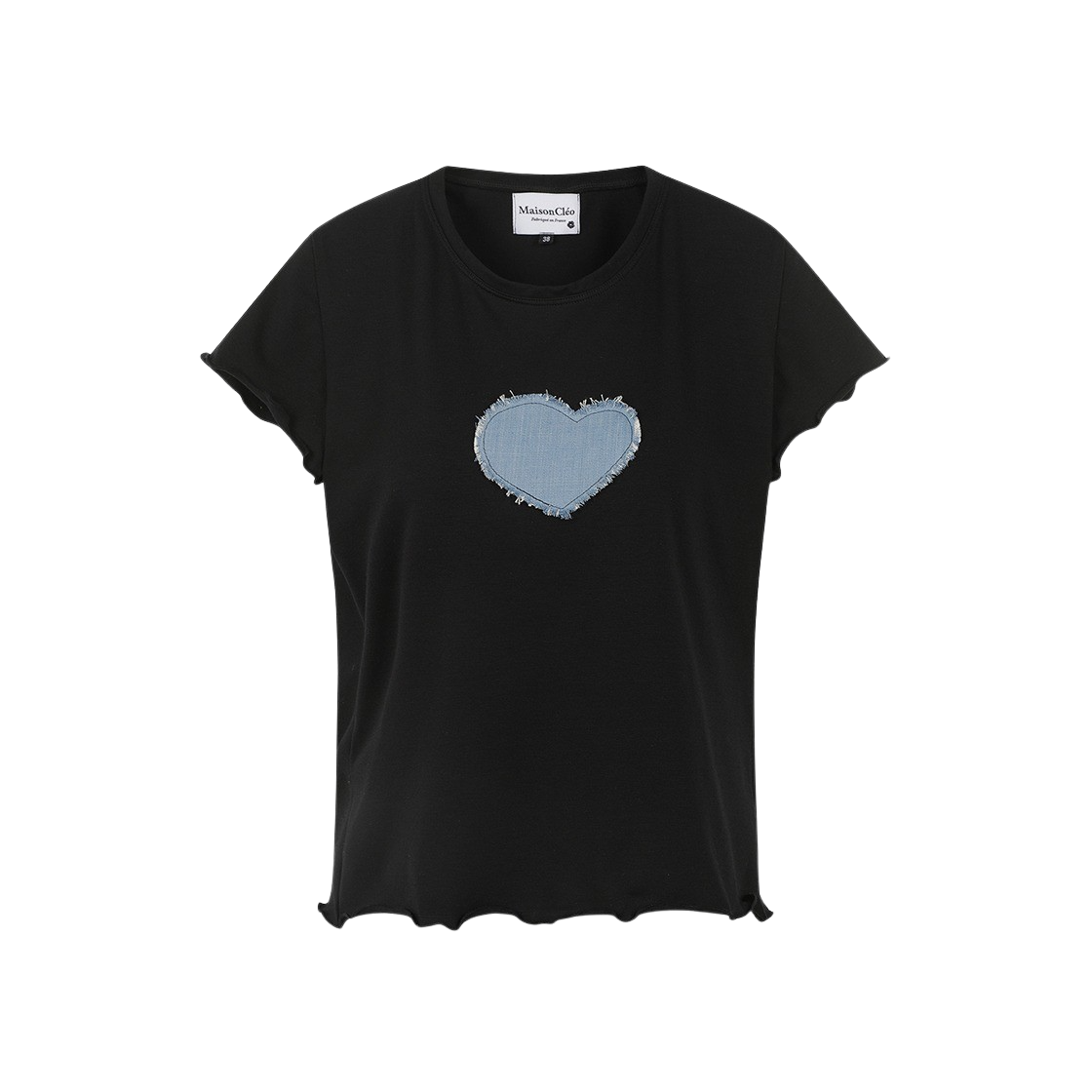 [KREAM 단독] 메종 클레오 우먼 더 티셔츠 위드 더 디스트로이 데님 하트 블랙([KREAM 단독] Maison Cleo Women The T-Shirt With The Destroy Denim Heart Black)