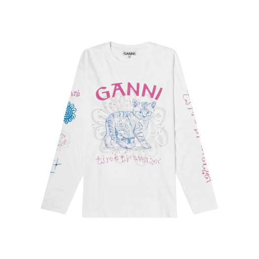 (W) Ganni Relaxed Cat Long Sleeve T-Shirt Bright White