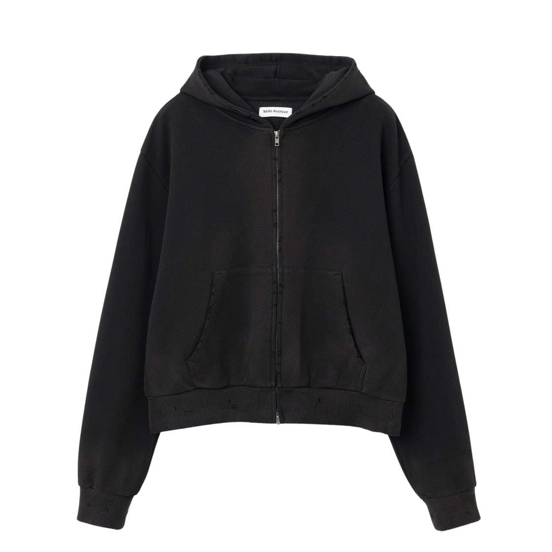 밀로 아카이브 데미지 쇼트 후디 집업 블랙(Millo Archive Damage Short Hoodie Zip-Up Washed Black)