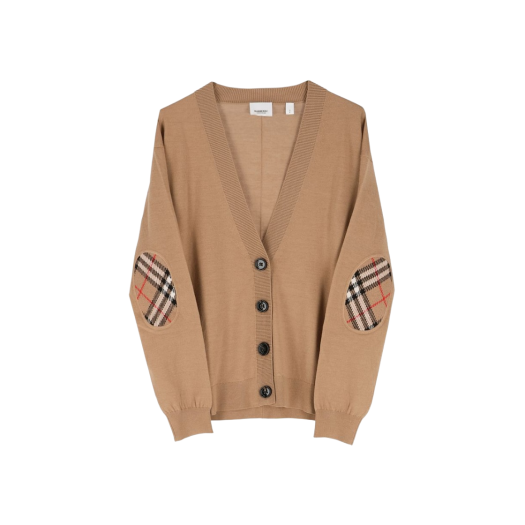 (W) Burberry Dornoch Vintage Check Elbow Patch Wool Cardigan Brown