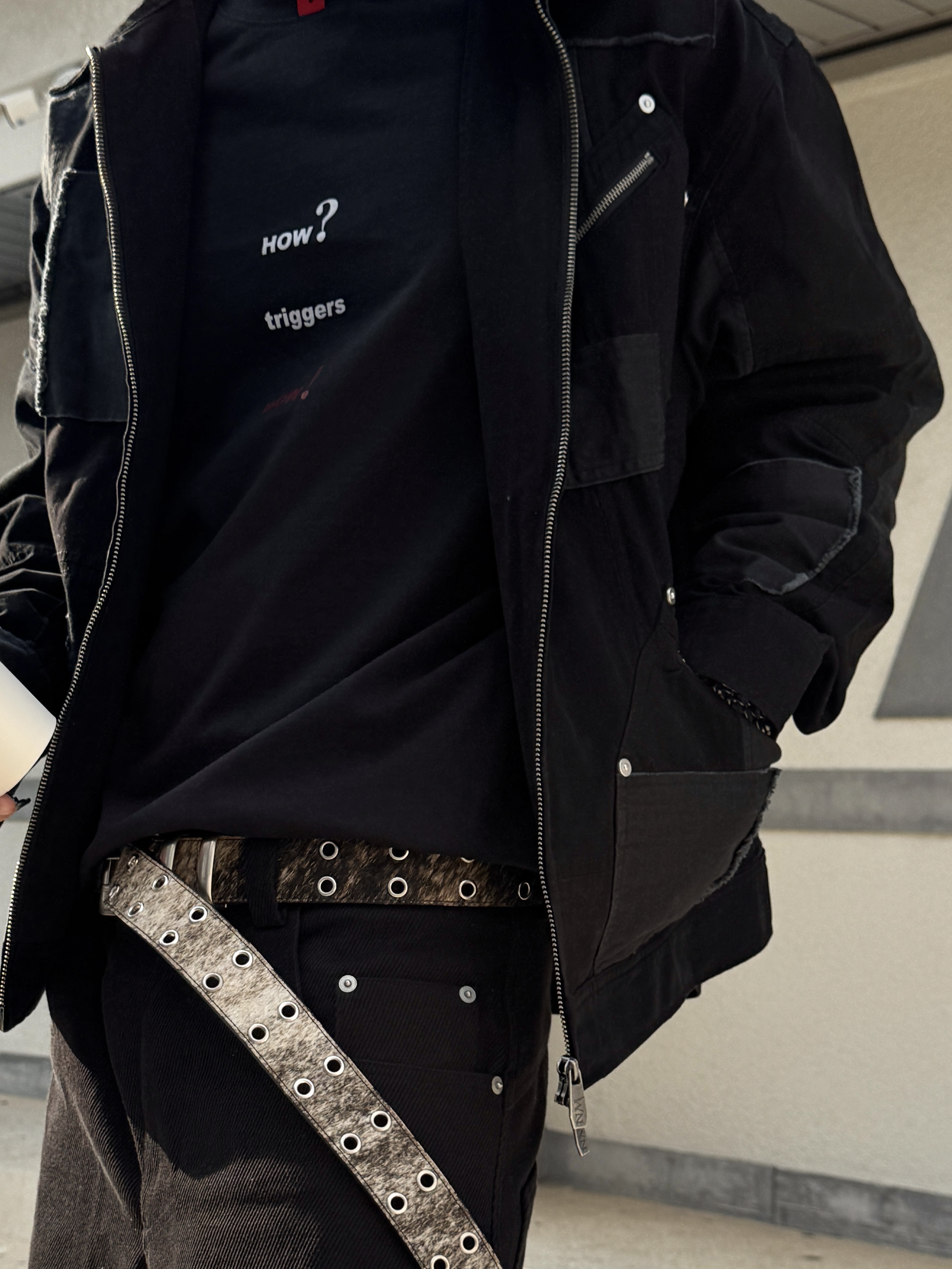 NOMANUAL Multi Panel Work Jacket Washed Black, Gentle Monster x Maison Margiela MM113 Black Clear 착용 스타일 - 6