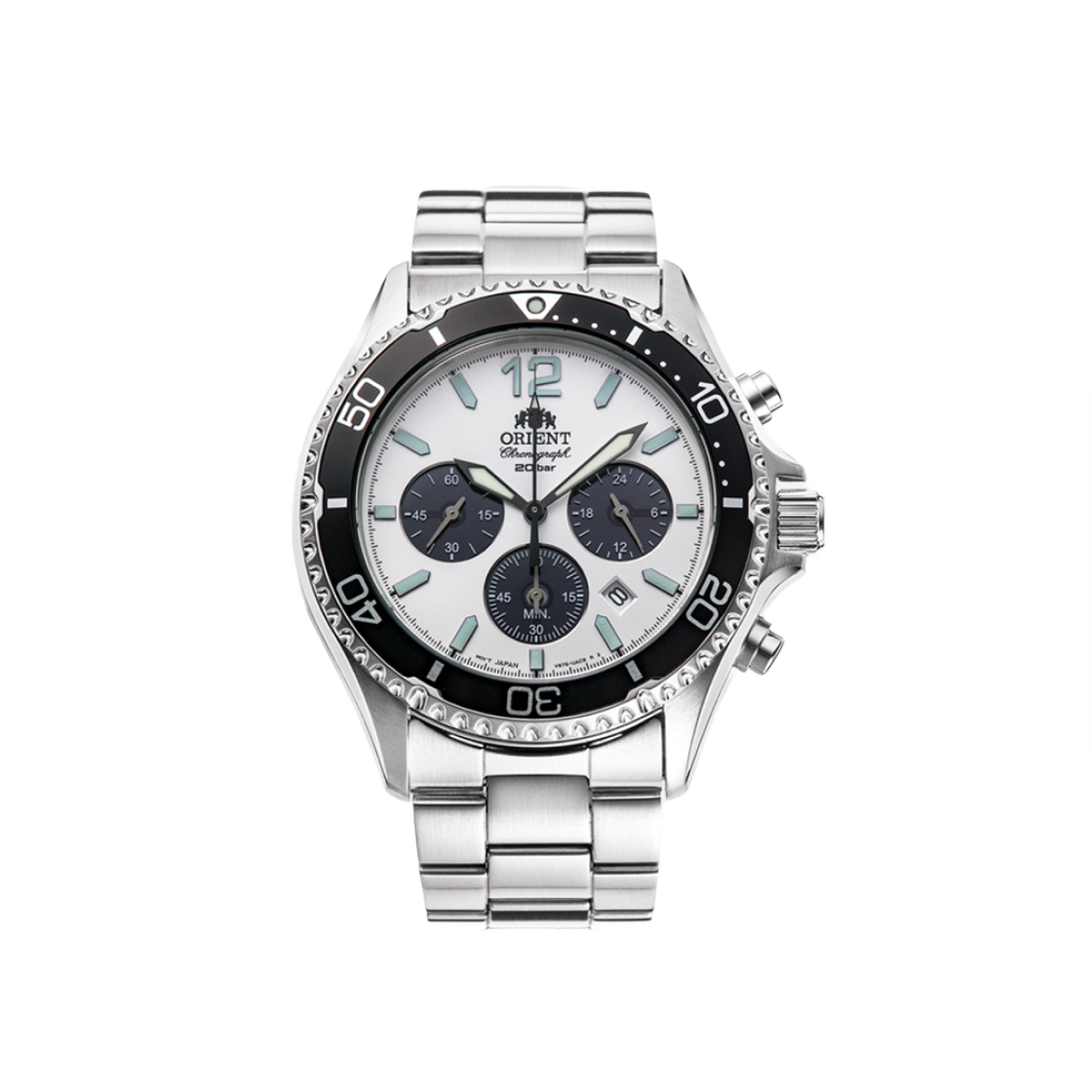 오리엔트 마코 42.8mm 크로노그래프 솔라 파워 스테인리스 스틸 화이트 다이얼(Orient Mako 42.8mm Chronograph Solar Power Stainless Steel White Dial)