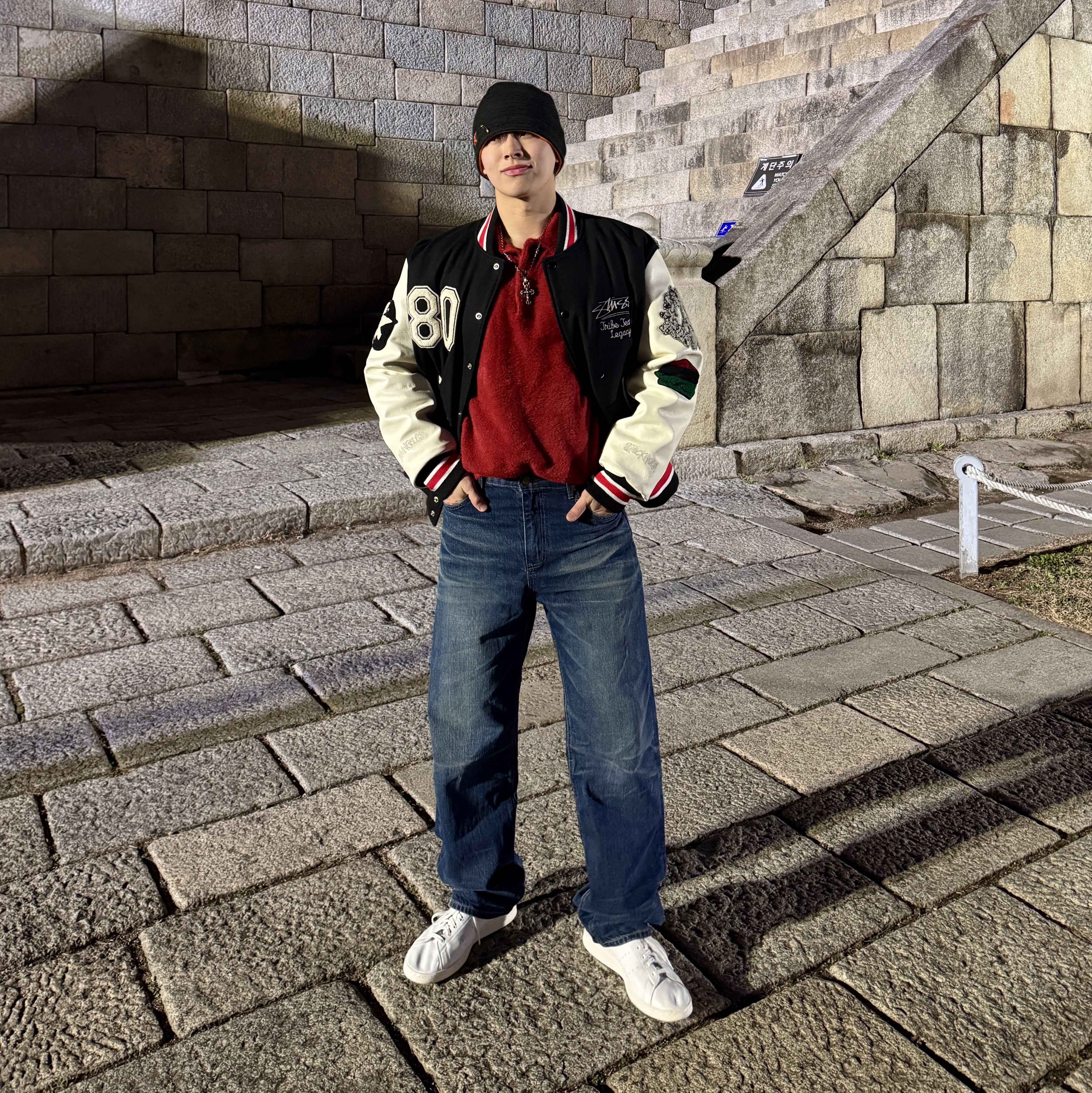 Stussy x Our Legacy x Denim Tears TTL Varsity Jacket Black, Adidas Stan Smith Decon Cloud White Green 착용 스타일 - 3