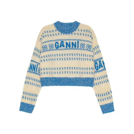 (W) Ganni Lambswool Cropped O-Neck Pullover Strong Blue