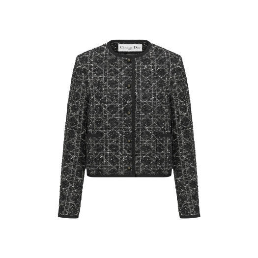 (W) Dior Macrocannage Cropped Jacket Technical Cotton Tweed Black White