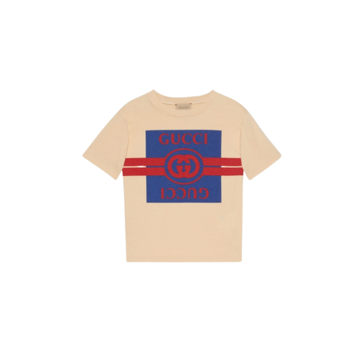 (Kids) Gucci Printed Cotton Jersey T-Shirt Beige Blue