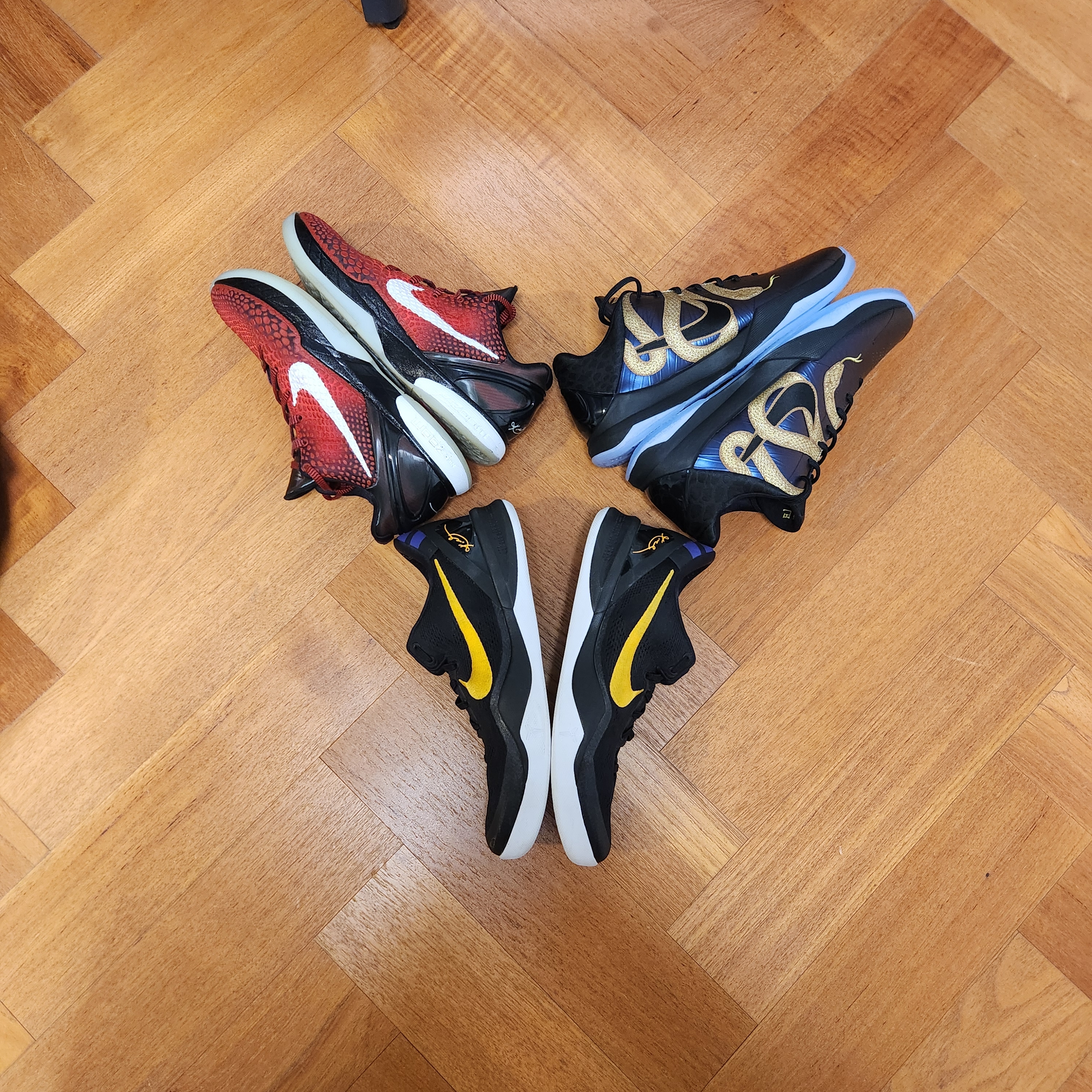 Nike Kobe 5 Protro Year of the Mamba Eggplant, Nike Kobe 8 Protro Black and University Gold 착용 스타일