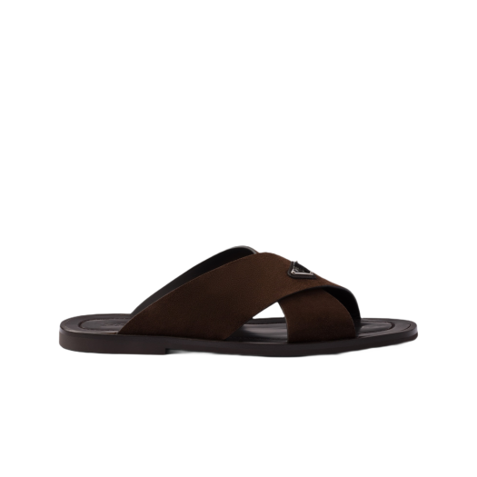 Prada Suede Crisscross Slides Dark Brown
