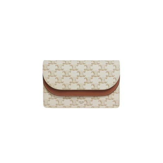 Celine Wallet on Strap in Triomphe Canvas and Smooth Lambskin White Tan