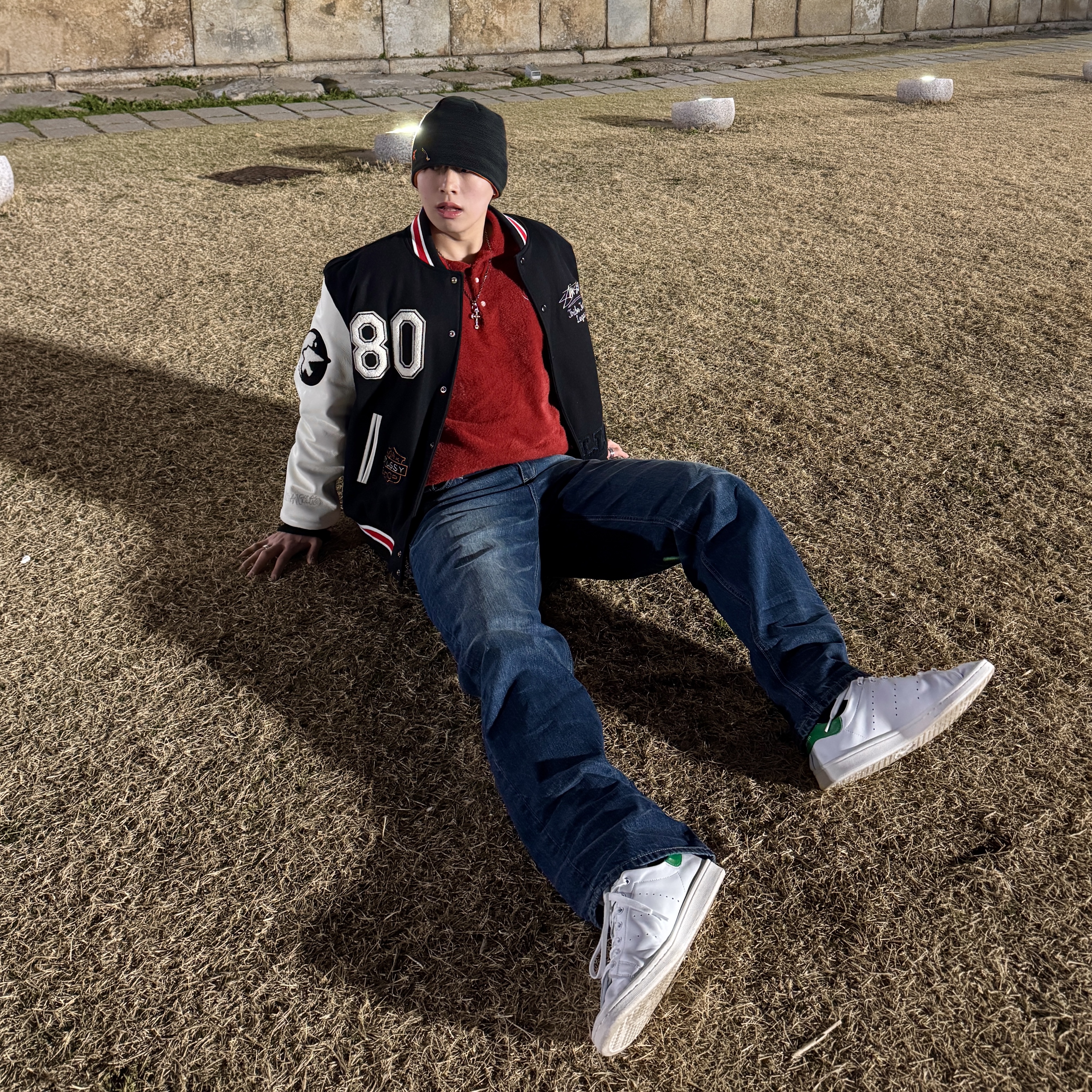 Stussy x Our Legacy x Denim Tears TTL Varsity Jacket Black, Adidas Stan Smith Decon Cloud White Green 착용 스타일 - 2