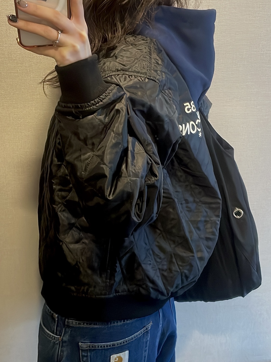 CDG Quilted '84-85 Staff Blouson Black, (W) Nike Shox R4 Black 착용 스타일 - 3