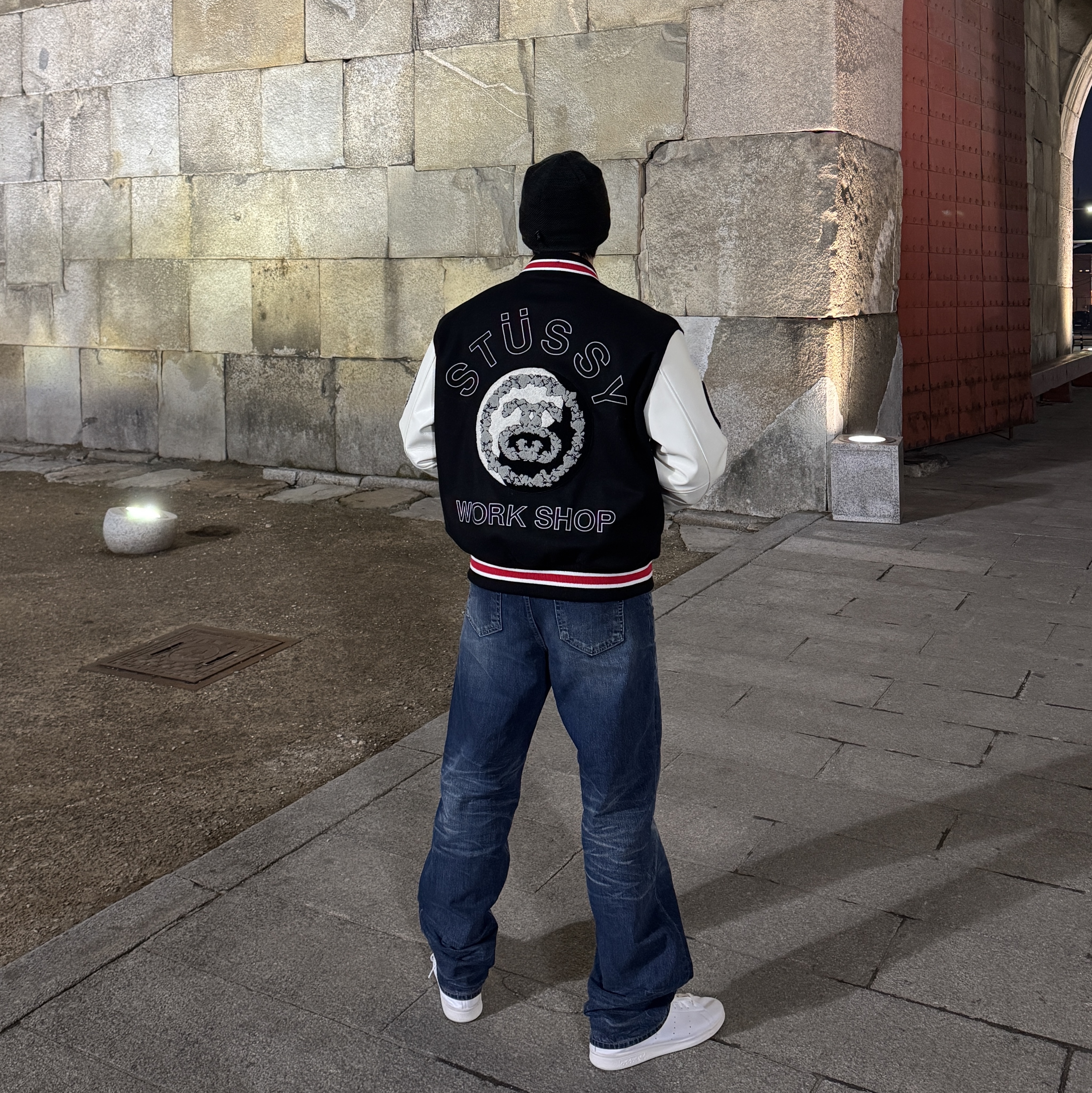 Stussy x Our Legacy x Denim Tears TTL Varsity Jacket Black, Adidas Stan Smith Decon Cloud White Green 착용 스타일 - 4