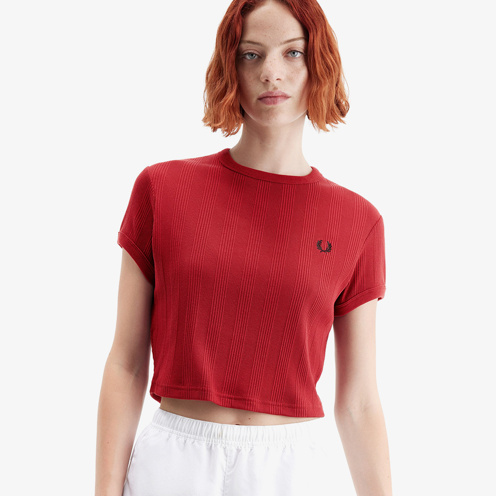 프레드페리 우먼즈 크롭 립 티셔츠 번트 레드(Fred Perry Womens Cropped Ribbed T-Shirt Burnt Red) - 4