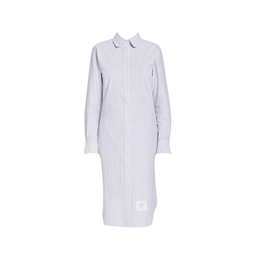 (W) Thom Browne Cotton Oxford University Stripe Long Sleeve Knee Length Shirtdress White Medium Grey