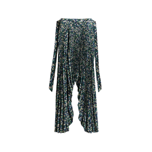 (W) H&M x Rokh Floral-Patterned Pleated Skirt Bright Blue Floral
