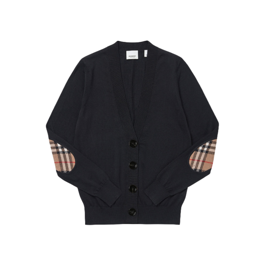 (W) Burberry Dornoch Vintage Check Elbow Patch Wool Cardigan Black
