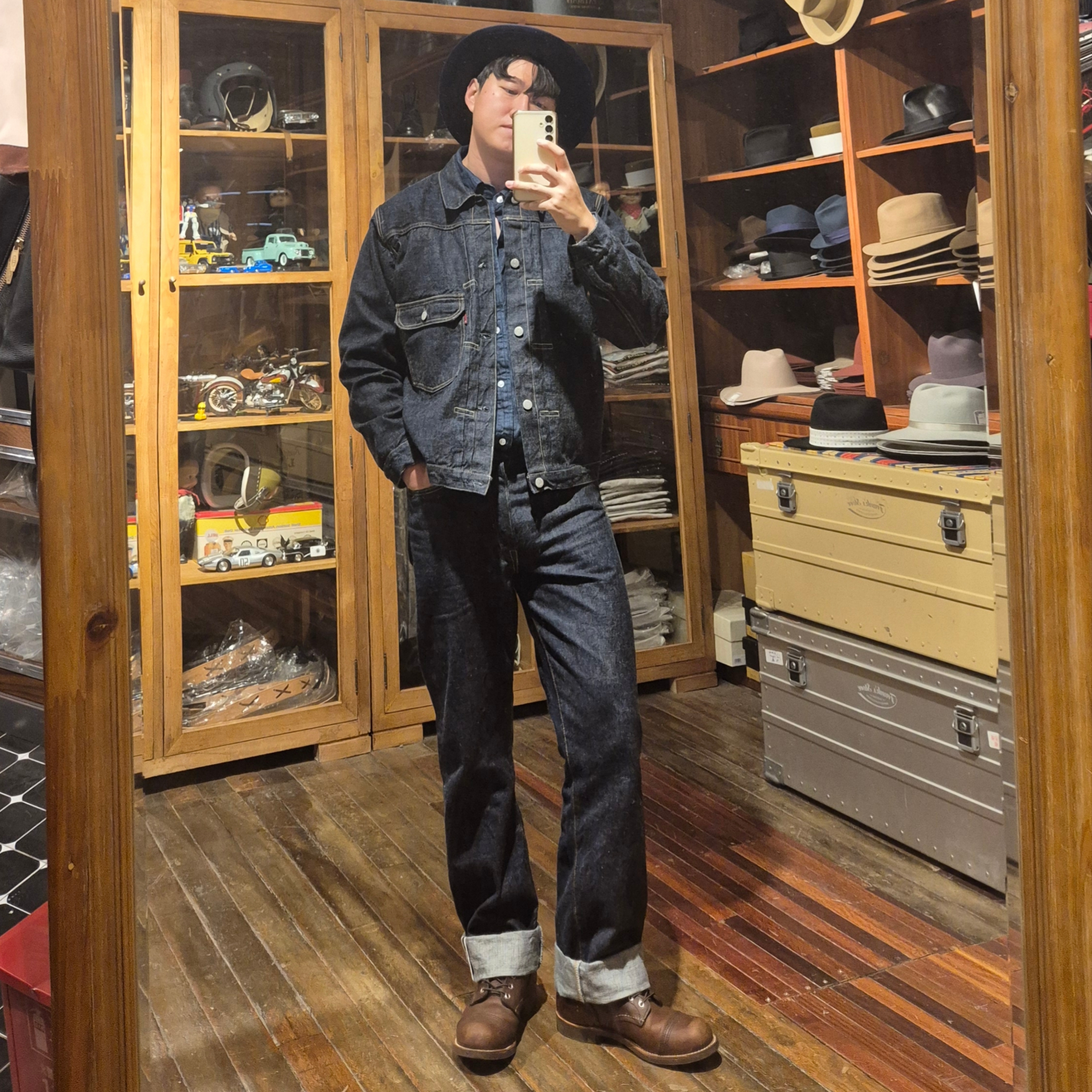 Fullcount 1101W Straight Denim One Wash Indigo Blue, Fullcount 2107W-20 Type 1 Denim Jacket One Wash Indigo Blue - Red Tab 착용 스타일