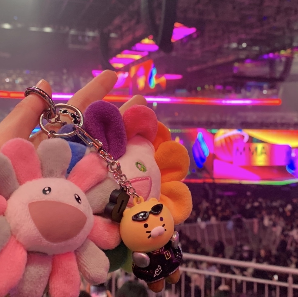 Kaikai Kiki x Blackpink Flower Keyring Pink Grey, NewJeans x Murakami Plush Keyring Flower 착용 스타일 - 3