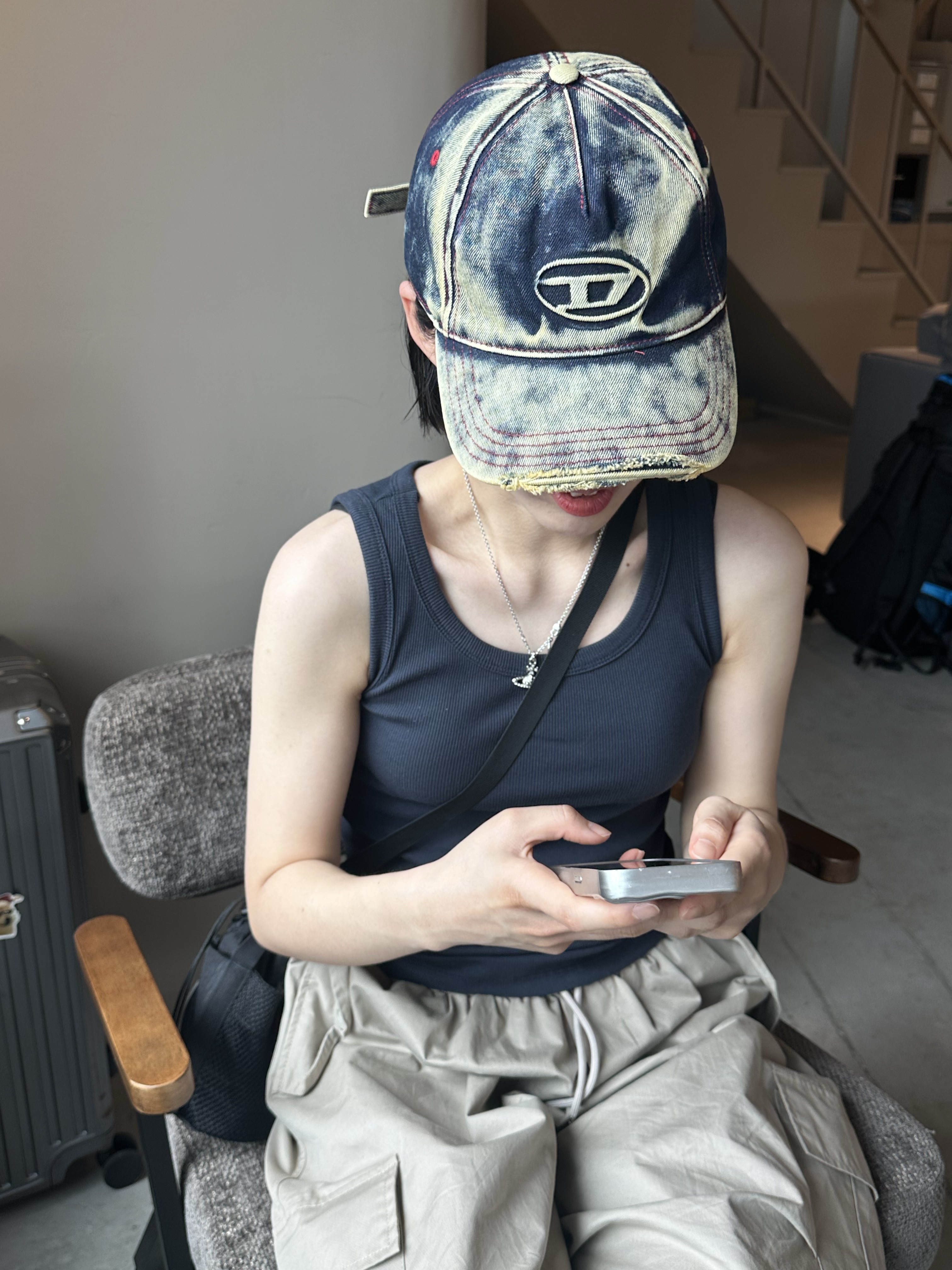 Diesel C-Seymon Treated Denim Baseball Cap Blue White 착용 스타일