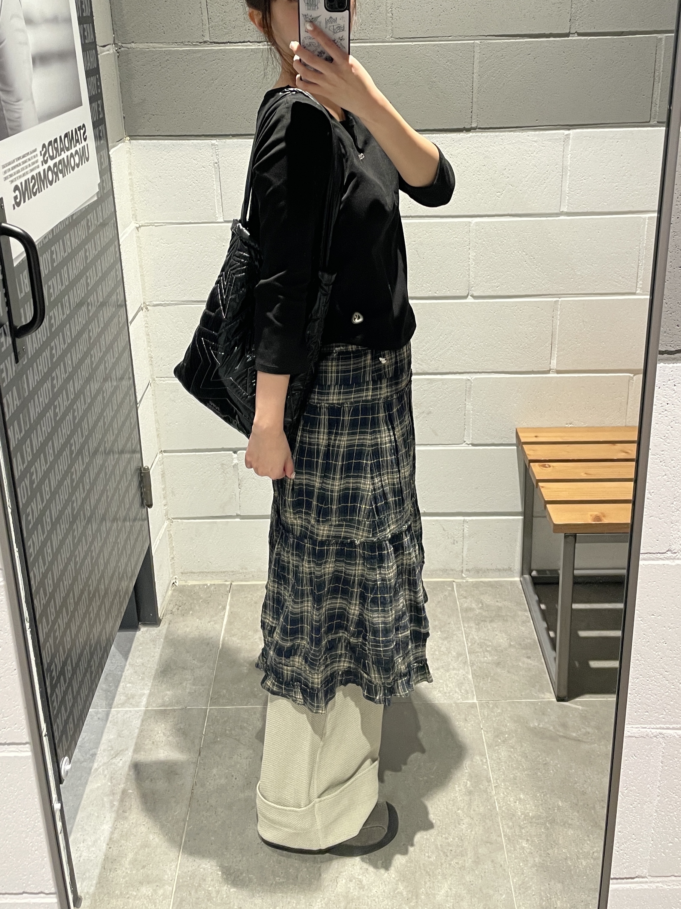 COYSEIO Ribbed Band Pants Beige, COYSEIO Shirring Midi Skirt Check 착용 스타일