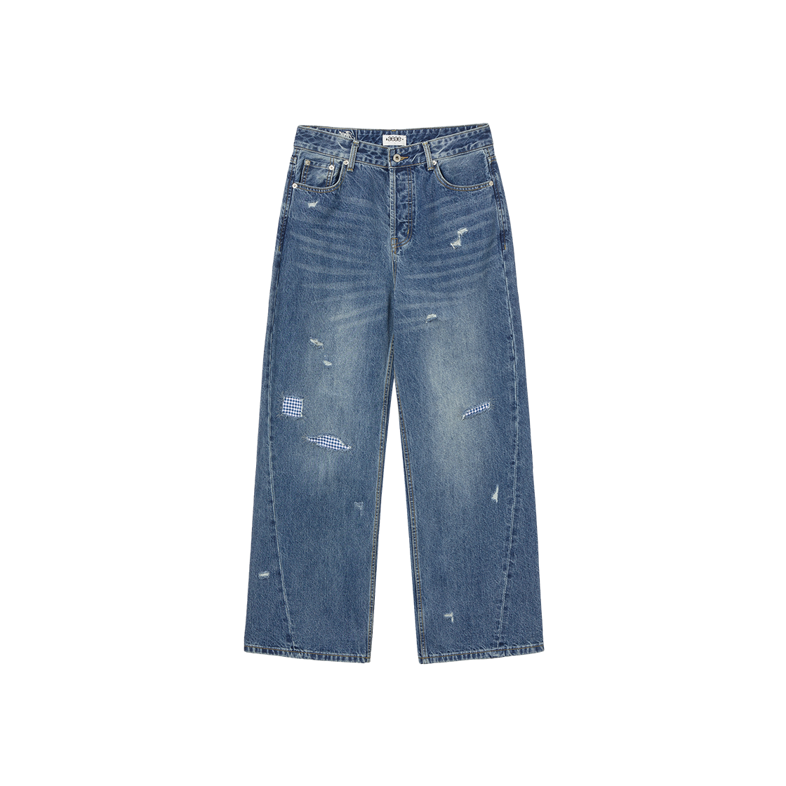 에이이에이이 체크 패치워크 데님 팬츠 미드 블루(AEAE Check Patchwork Denim Pants Mid Blue)