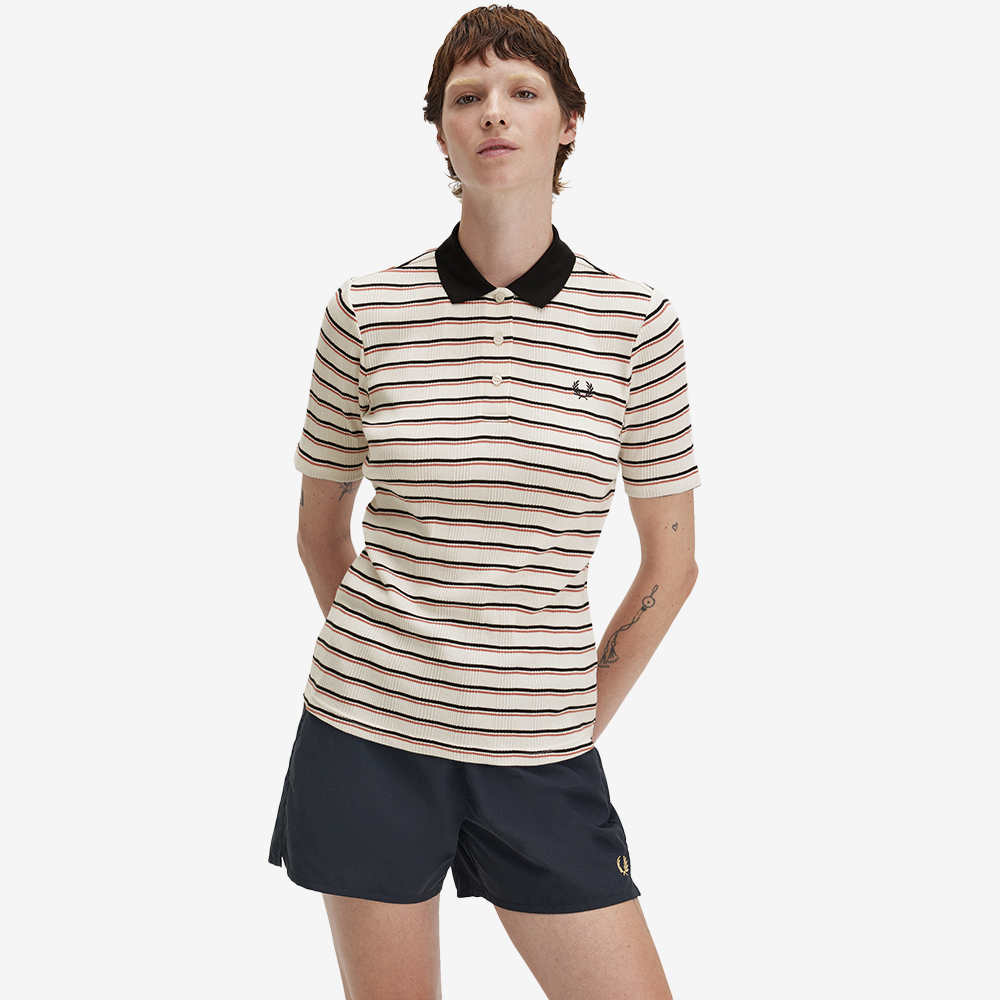 프레드페리 우먼스 스트라이프 립 폴로 셔츠 실키피치(Fred Perry Womens Striped Ribbed Polo Shirt Silky Peach) - 4