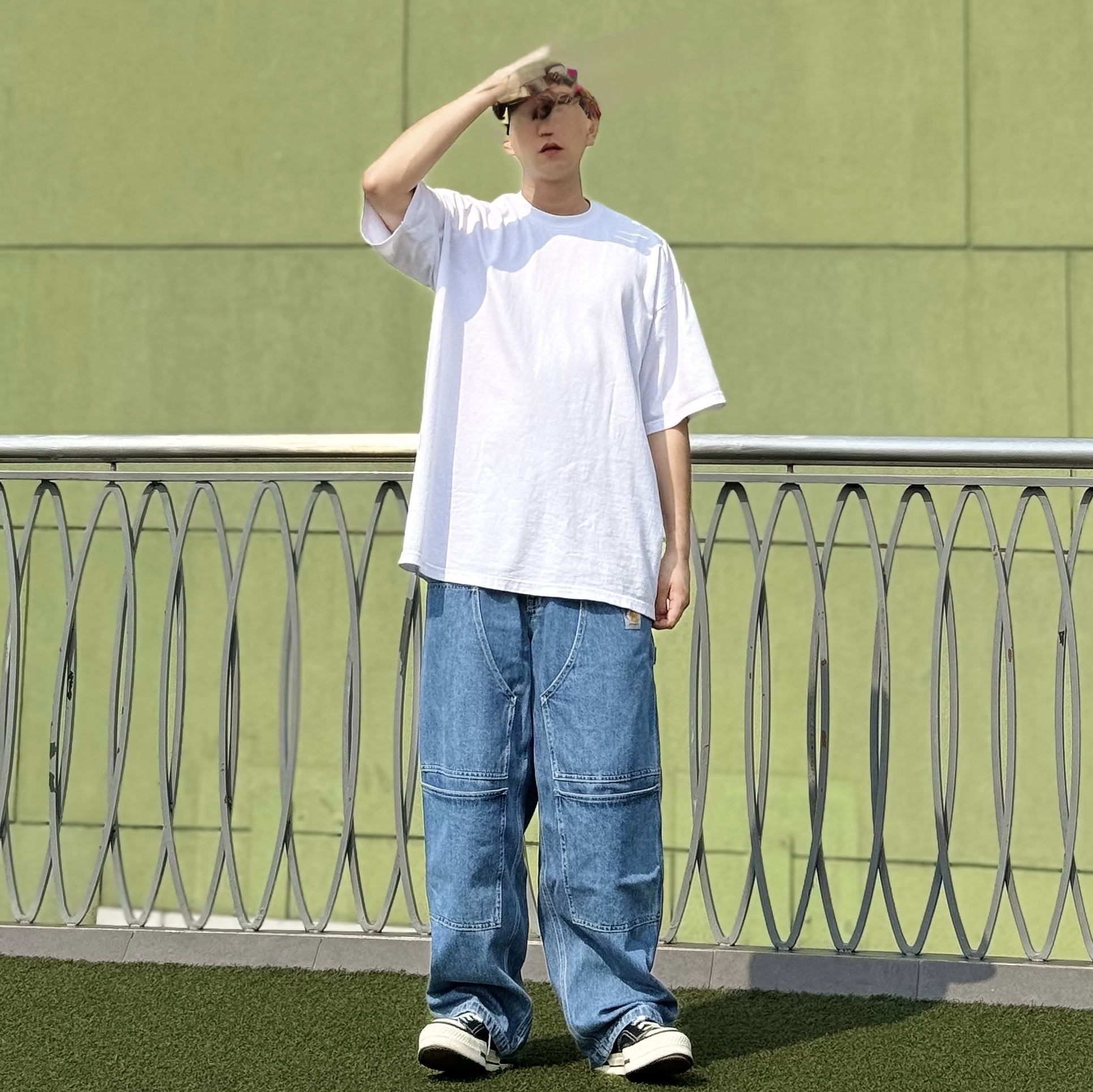 Carhartt WIP x Invincible 15 Double Knee Pants Blue, Converse Chuck 70 High Plus Black 착용 스타일