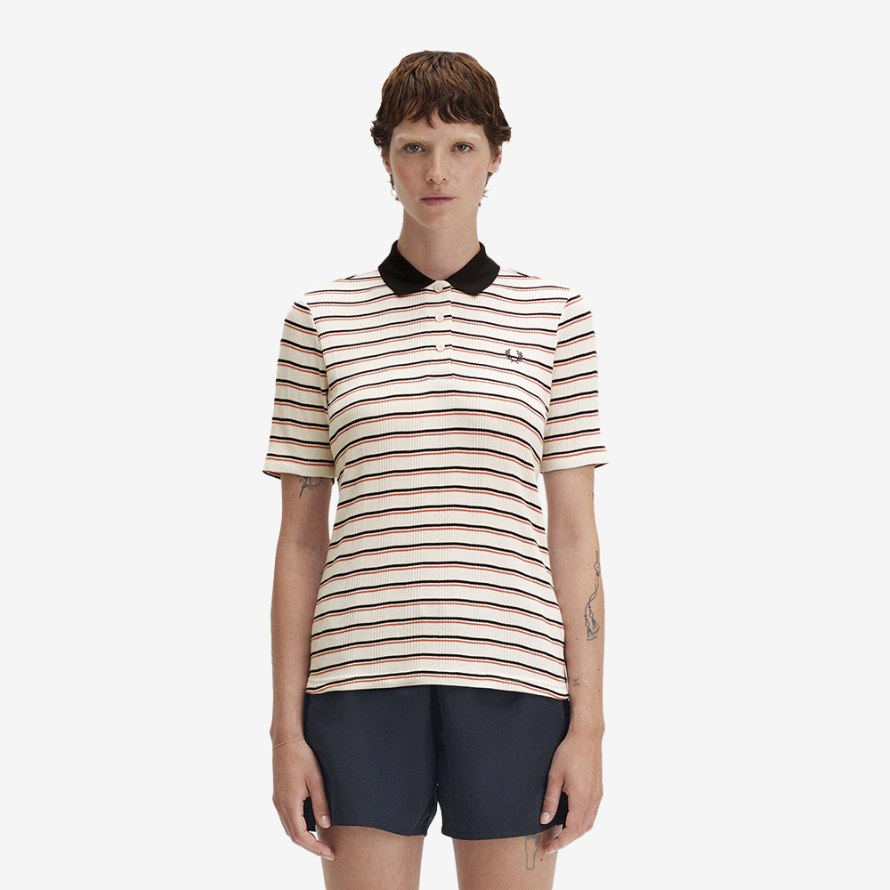프레드페리 우먼스 스트라이프 립 폴로 셔츠 실키피치(Fred Perry Womens Striped Ribbed Polo Shirt Silky Peach) - 2