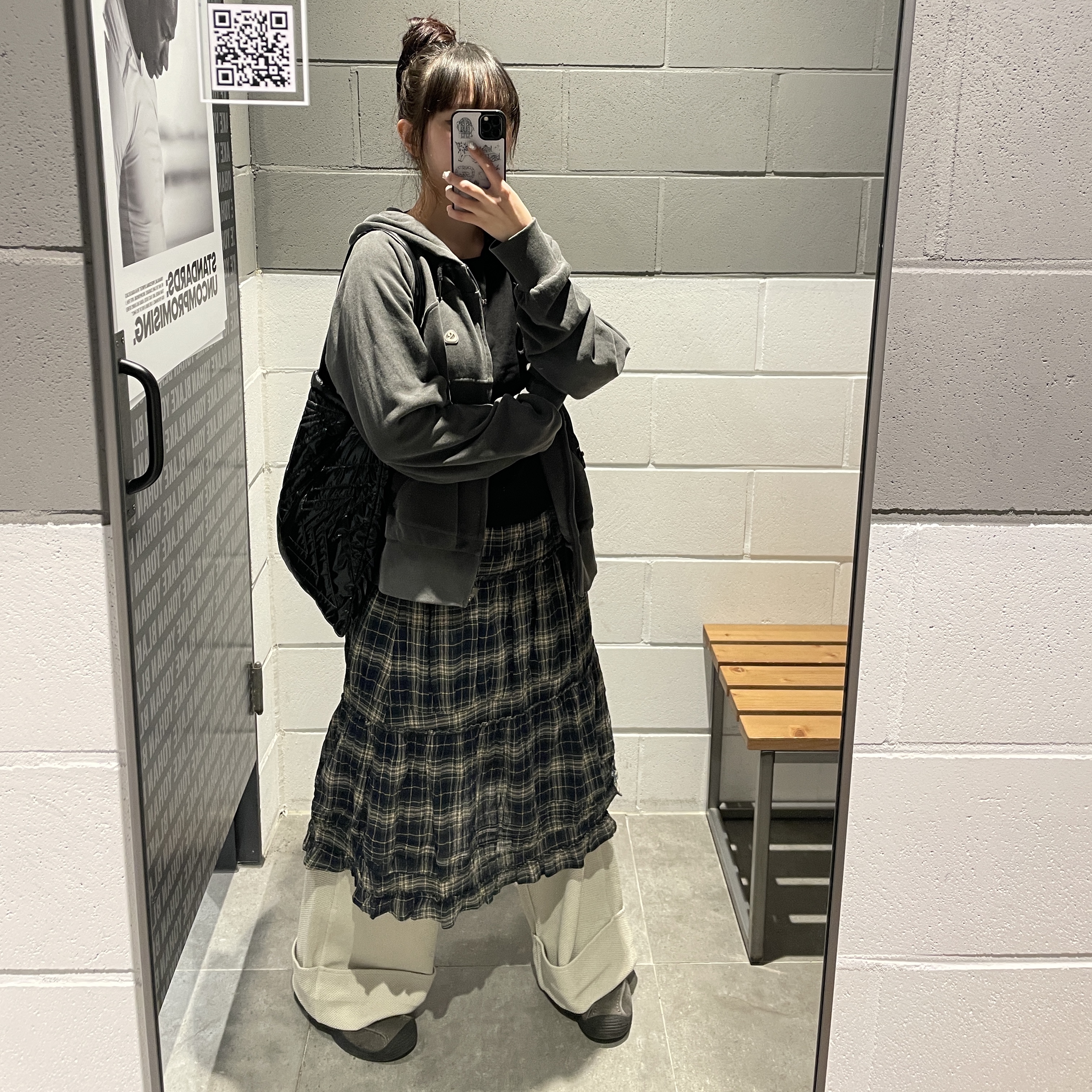 (W) Coyseio String Pocket Hood Zip-Up Wine, COYSEIO Shirring Midi Skirt Check 착용 스타일