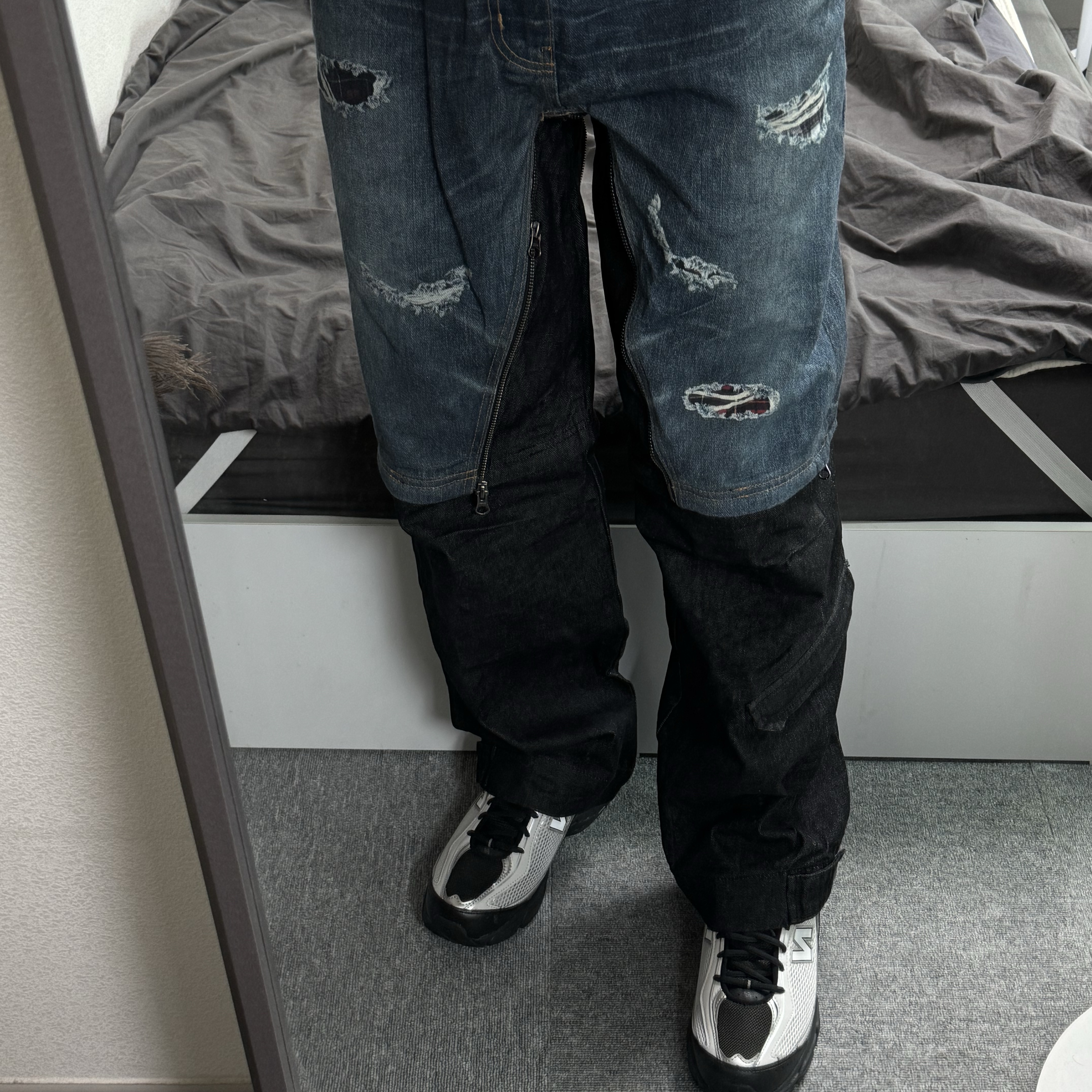 Zara x Andersson Bell Detachable Layered Jeans Medium Blue, New Balance 509 Black Gray 착용 스타일